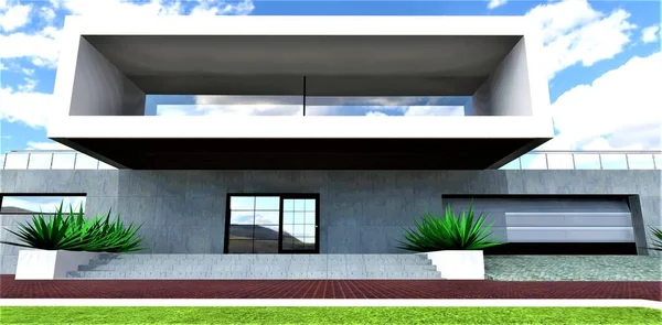 风格典雅的门廊 混凝土宽台阶和花盆 带有金属起重门的车库在右边 宽敞的阳台在上面 3D渲染 — 图库照片