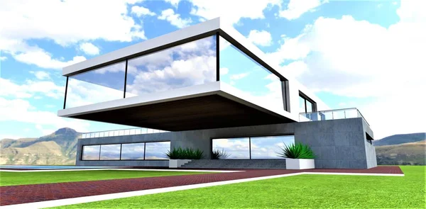不可能的建筑杰作未来郊区住房项目 控制台二楼的全景窗 生态山区 3D渲染 — 图库照片