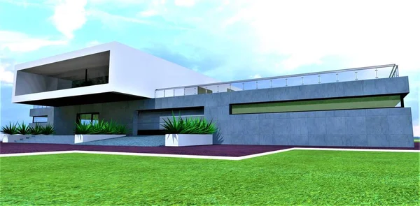 Futurystyczny Betonowy Dom Zielonej Łące Widok Garaż Metalową Bramą Podnoszącą — Zdjęcie stockowe