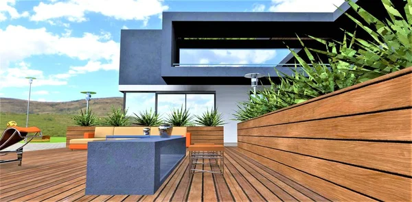 Terrasse Comme Revêtement Sol Dans Espace Détente Maison Campagne Confortable — Photo
