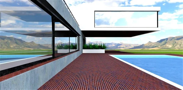 Rote Ziegelsteine Grenzen Die Betonwand Eines Futuristischen Wohnhauses Mit Freitragendem — Stockfoto