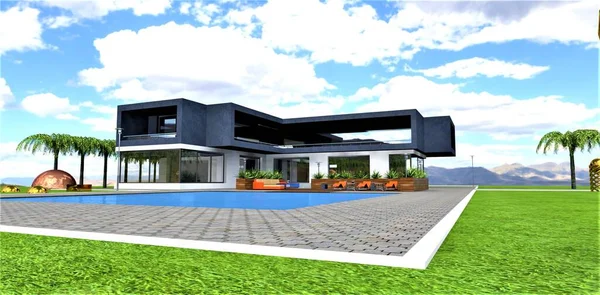 漂亮的新建造的精英房子 蓝色的游泳池和惊人的大草坪 白石人行道混凝土砌块 3D渲染 — 图库照片