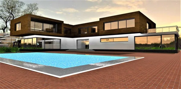 美丽的夜晚 在一个舒适的院子里的当代住宅与游泳池 红砖铺路 3D渲染 — 图库照片
