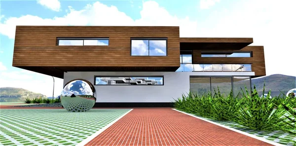 建筑在山中的未来主义地产庭院地面覆盖物的设计 3D渲染 — 图库照片