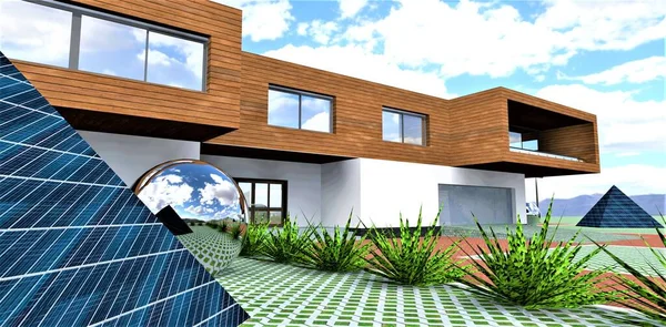 Paneles Solares Como Acabado Pirámides Situadas Patio Casa Ecológica Contemporánea — Foto de Stock