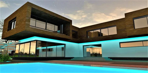 Turquoise illumination of the elite cottage facade at night. Amazing pool under the starry sky. 3d rendering.