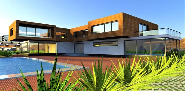 Erstaunliches Design Des Ökologisch Energieeffizienten Hauses Den Bergen Rote Ziegelsteine — Stockfoto