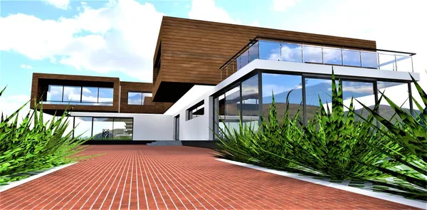 Projeto Habitação Suburbana Contemporânea Construída Acordo Com Padrões Construção Ecológica — Fotografia de Stock