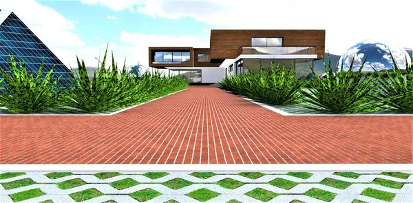 Desenho Pavimento Pátio Interno Casa Contemporânea Lawn Tijolo Vermelho Pavimento — Fotografia de Stock