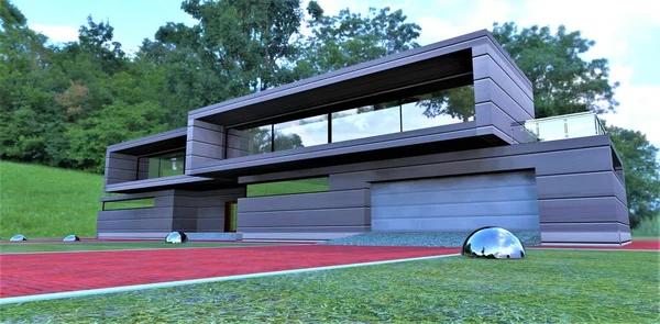 Luxury House Ecological Park Metal Balls Lawn View Garage Rendering — Stock Photo, Image