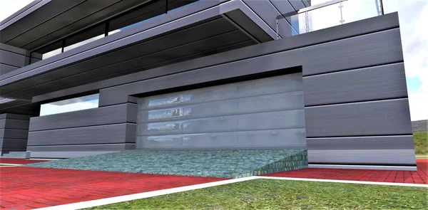Alluminium Portão Elevação Habitação Contemporânea Paredes Terminaram Com Material Compósito — Fotografia de Stock