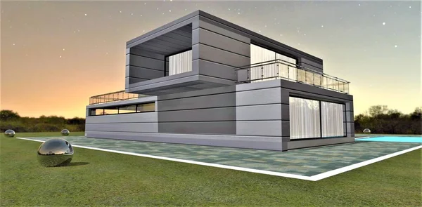 Diseño Elegante Casa Campo Acabado Con Paneles Horizontales Aluminio Increíble — Foto de Stock