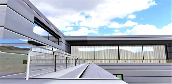 Алюминиевое Покрытие Фасадных Панелей Энергосберегающим Наполнением Конструкция Балкона Рендеринг — стоковое фото