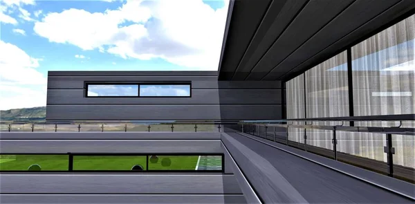 Модный Дизайн Стильный Балкон Современного Дома Алюминиевым Экстерьером Белые Занавески — стоковое фото