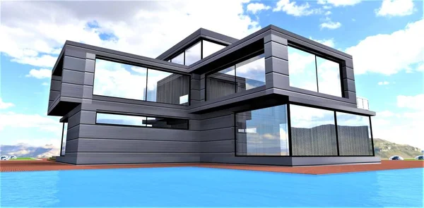 在一座以未来派风格建造的令人叹为观止的茅屋上 用蓝色的水从游泳池的表面眺望 铝制立面是这个项目的亮点 3D渲染 — 图库照片