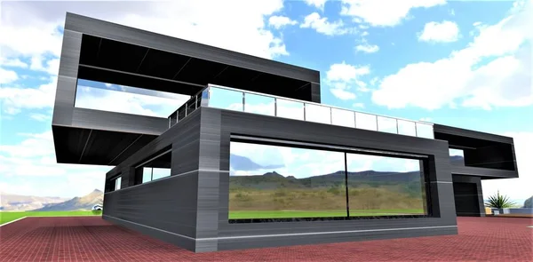 用基于节能碳涂层复合材料的创新材料建造的 以未来主义风格设计的新房子 3D渲染 — 图库照片