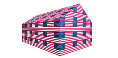 Amerikan bayrağı şeklinde kaplanmış bir evin modeliydi. Amerika 'daki gayrimenkullerle ilgili makaleler için iyi bir illüstrasyon. 3d oluşturma.