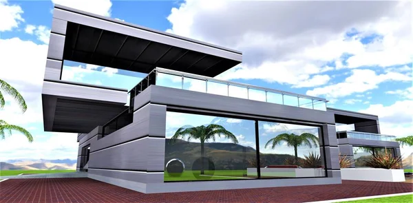 Ungewöhnliche Form Landhaus Aus Stahlplatten Mit Spiegel Panoramafenster Darstellung — Stockfoto