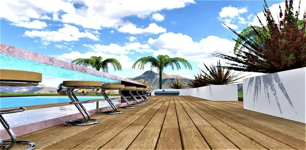 Terrace board flooring in a relax zone with steel chairs and long marble bar table near the pool. Wonderful mountains landscape. 3d rendering.