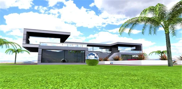 Traumhaft Grüne Wiese Vor Dem Atemberaubenden Designerhaus Unter Wolkenlosem Blauen — Stockfoto