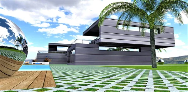 Gazon Bestrating Rond Het Moderne Landhuis Met Zwembad Stalen Bal — Stockfoto