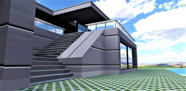 Trappa Till Terrassen Den Moderna Bostaden Med Aluminiumutsida Gräsmatta Betongtrottoar — Stockfoto