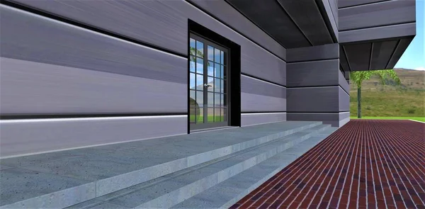 Stylish porch with long concrete steps. The is paved with red brick tile. Aluminium facade. 3d rendering.