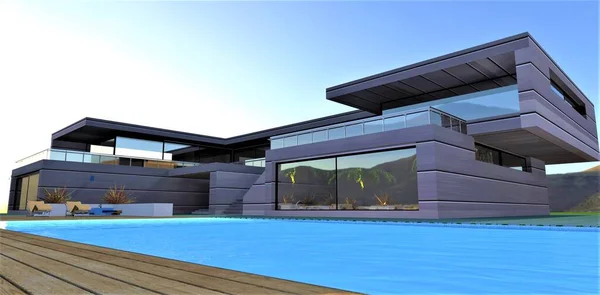 Ultramoderne Landvilla Met Een Blauw Zwembad Bij Zonsondergang Milieuvriendelijke Houten — Stockfoto