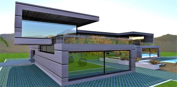 Maravilhoso Design Uma Casa Moderna País Forma Incomum Fachada Materiais — Fotografia de Stock