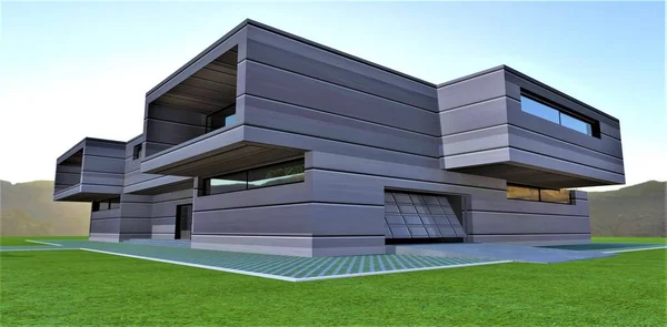 エリート現代住宅のアルミニウム外装 門が開いているガレージのビュー 3Dレンダリング — ストック写真
