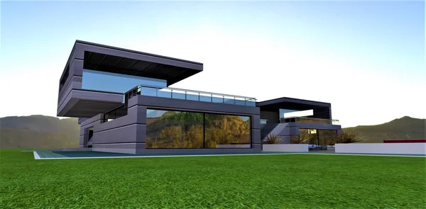 Atractiva Casa Campo Construida Estilo Futurista Maravilloso Prado Verde Amplias — Foto de Stock