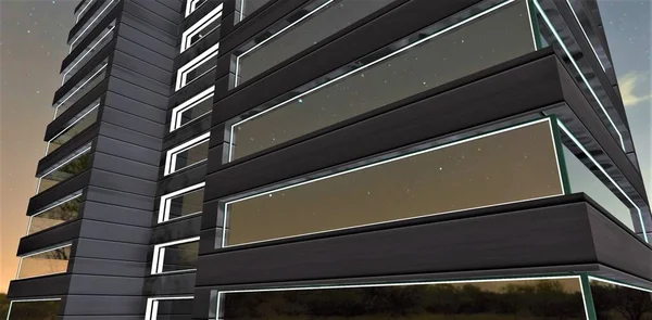 Abendlicher Blick Auf Ein Modernes Wohnhaus Mit Beleuchteten Fensterbögen Tolle — Stockfoto