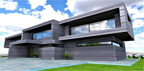 Hi-tech minimalist architecture. The aluminum exterior adds a bit of brutality to the strict aesthetics. Suitable for a magazine about modern real estate. 3d rendering.