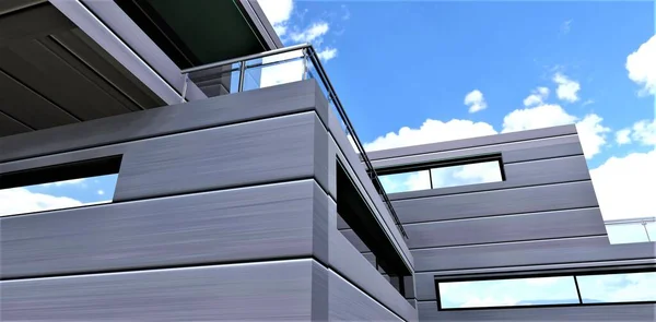 建築抽象化の形でアルミファサード 水平壁パネルは反射ガラスと組み合わせています 3Dレンダリング — ストック写真