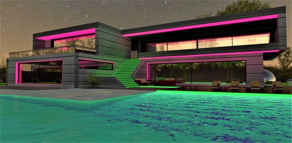 水の下にステップ付きのスイミングプールなど 不動産の夜の照明デザイン ピンクとグリーンの素晴らしい組み合わせ 3Dレンダリング — ストック写真