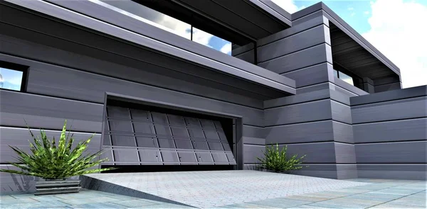 Portas Metal Abertas Para Entrar Garagem Uma Casa Campo Prestígio — Fotografia de Stock