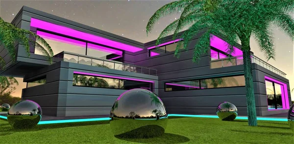 Palm Trees Purple Lights House Reflected Iron Balls Grass Fairytale — Stock Photo, Image