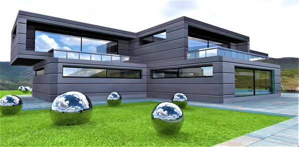Abstracte Decoratie Van Woongebied Met Metalen Ballen Futuristisch Huis Van — Stockfoto