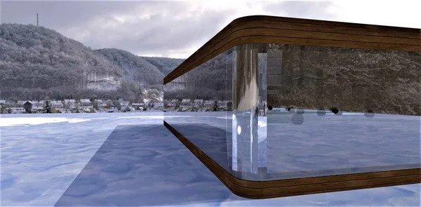 A futuristic house in Norway for a middle class person. Comfort and environmental friendliness in the midst of emptiness and cold. 3d rendering.
