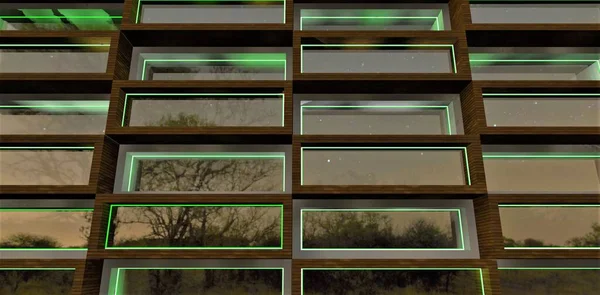 Футуристический Внешний Дизайн Ненавязчивым Ночным Освещением Периметру Панорамных Зеркальных Окон — стоковое фото