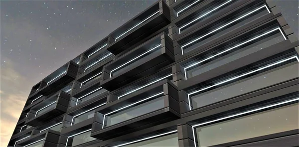 Widok Dolny Ekskluzywnej Aluminiowej Powierzchni Niskiego Budynku Biurowego Podświetlaną Fasadą — Zdjęcie stockowe