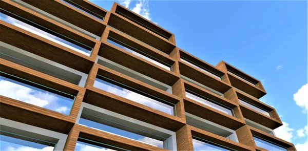 Combined facade of the low-rise office build of wood and glass. Stylish and ecological decision. 3d rendering.