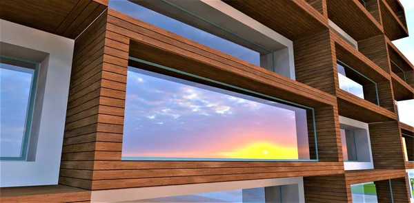 A wonderful sunset is reflected in the panoramic window on the facade of an elite apartment building. Wood trim adds spice to modern architecture. 3d rendering.
