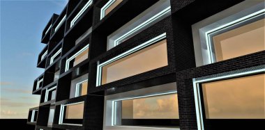 Kanada 'da modern bir apartmanın cephesi için siyah tuğla efekt fayansları. Kiralık malların reklamını yapmak için uygun bir pankart. 3d oluşturma.