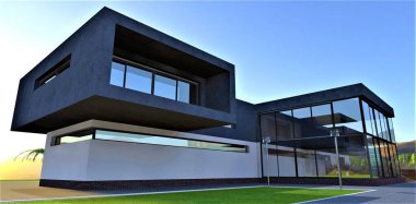 Alışılmadık şekilli bir kır evi. Büyük bir balkon ve şık bir galeri. Beyaz kenarı ve sokak lambaları olan temiz bir çim. Arka planda gün batımı. 3d oluşturma.
