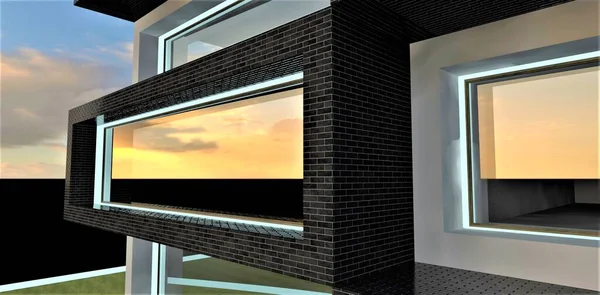 Projekt Przeszklonego Balkonu Wiejskiego Budynku Mieszkalnego Mieszkanie Dla Tych Którzy — Zdjęcie stockowe