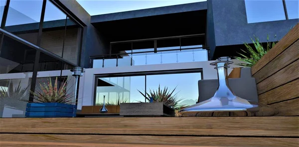 未来设计的一个紧凑型娱乐区的院子里一个精彩的科技园区 木制台阶上的大型玻璃器皿 楼上舒适的阳台3D渲染 — 图库照片