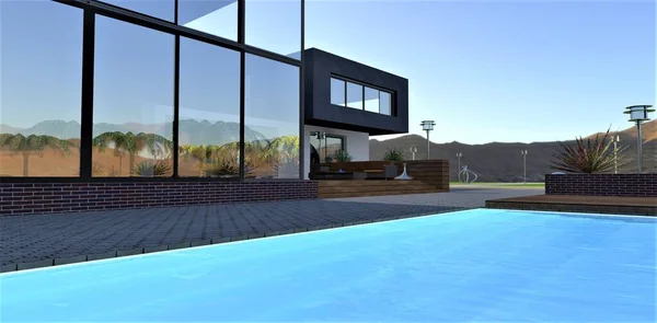游泳池水面美妙的蓝色表面 你现在就想游泳 在山上建一座时髦房子的绝妙工程 3D渲染 — 图库照片