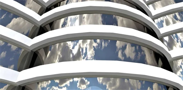 Konstrukcja Pierścieniowa Współczesnej Fasady Szklanej Budynku Chmurne Niebo Odbija Się — Zdjęcie stockowe