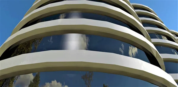 Okrągła Szklana Fasada Luksusowego Futurystycznego Hotelu Odzwierciedla Ekologiczne Środowisko Baner — Zdjęcie stockowe